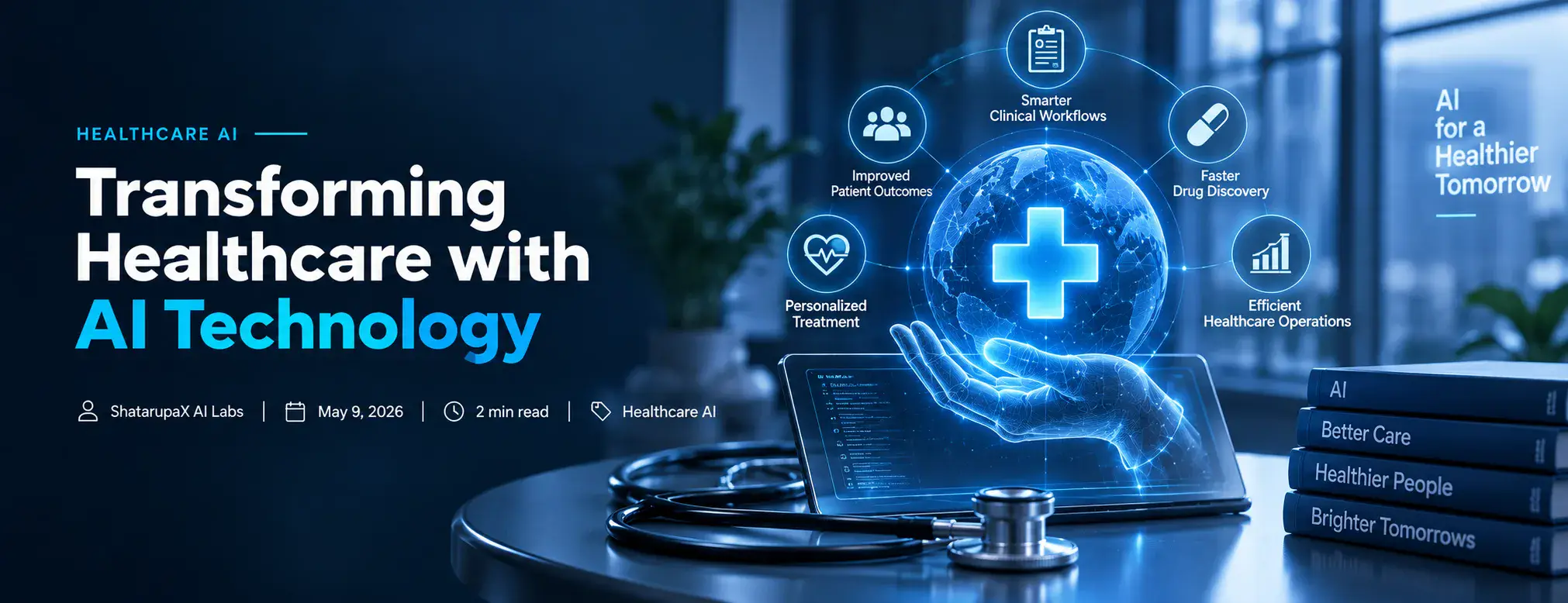 Transforming Healthcare with AI Technology — an AI-connected globe with a medical cross held above a clinical tablet, surrounded by icons for smarter clinical workflows, improved patient outcomes, personalized treatment, faster drug discovery and efficient healthcare operations